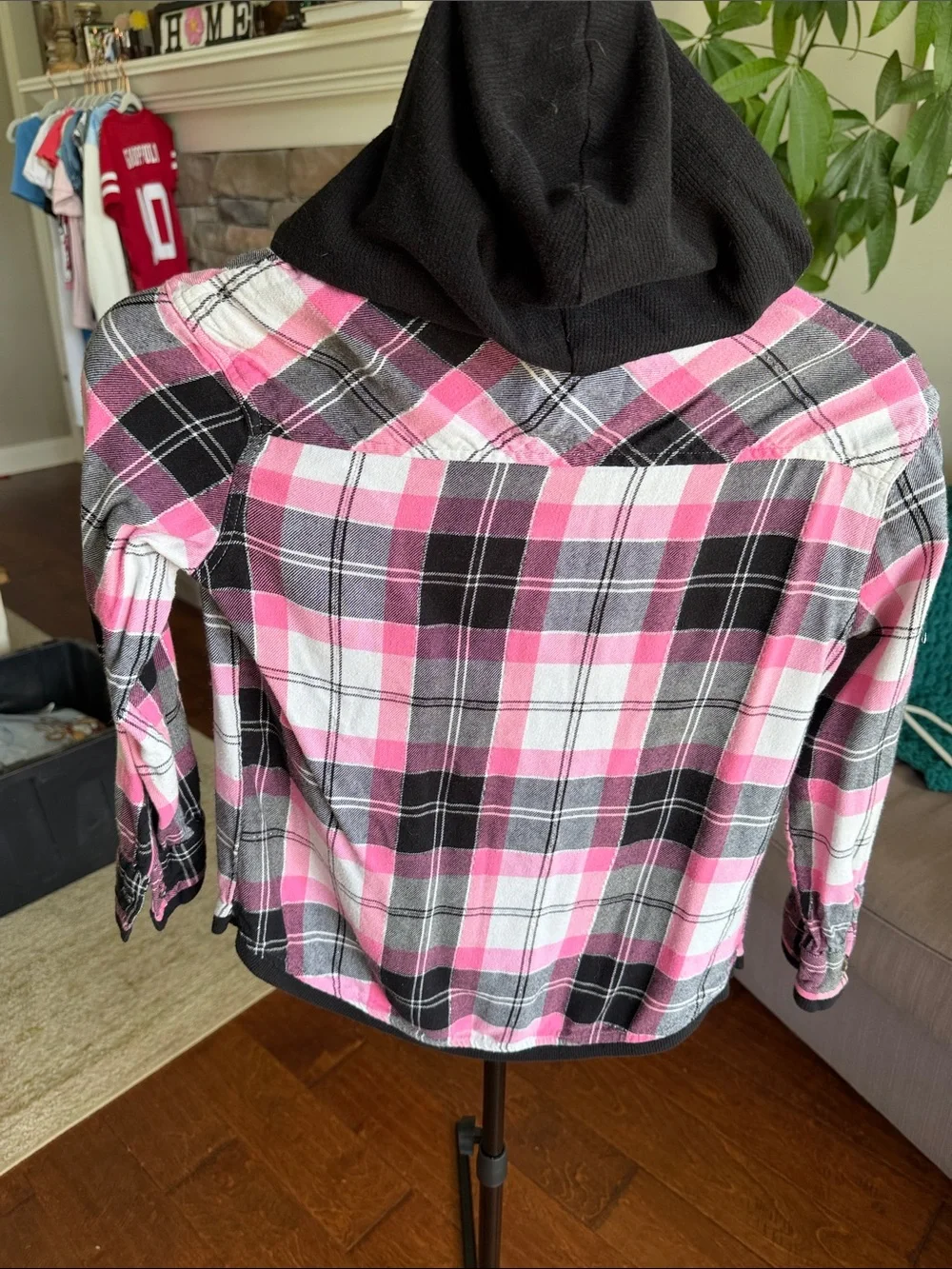 Justice Pink Black White Plaid Hooded Flannel Jacket